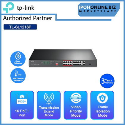 TP-Link TL-SL1218P 16 Port 10/100 Mbps + 2 Port Gigabit Rackmount Surveillance Network Switch with 16 Port PoE+ - Transmission up to 250m & Priority Video Quality Guaranteed TP-Link TL-SL1218P 16 Port 10/100 Mbps + 2 Port Gigabit Rackmount Surveillance Network Switch with 16 Port PoE+ - Transmission up to 250m & Priority Video Quality Guaranteed