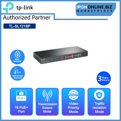 TP-Link TL-SL1218P 16 Port 10/100 Mbps + 2 Port Gigabit Rackmount Surveillance Network Switch with 16 Port PoE+ - Transmission up to 250m & Priority Video Quality Guaranteed TP-Link TL-SL1218P 16 Port 10/100 Mbps + 2 Port Gigabit Rackmount Surveillance Network Switch with 16 Port PoE+ - Transmission up to 250m & Priority Video Quality Guaranteed
