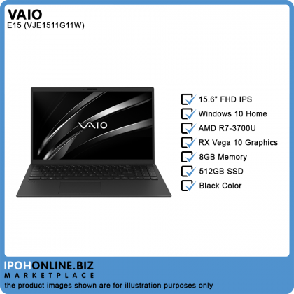 VAIO E15 VJE151G11W (AMD R7-3700U/8GB/512GB SSD/RX VEGA 10 GRAPHICS/W10H/15.6" FHD IPS) Laptop - FOC Carrying Bag & Wireless Mouse