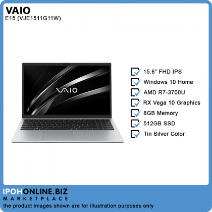 VAIO E15 VJE151G11W (AMD R7-3700U/8GB/512GB SSD/RX VEGA 10 GRAPHICS/W10H/15.6" FHD IPS) Laptop - FOC Carrying Bag & Wireless Mouse