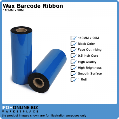 1 Roll 110mm x 90m Wax Barcode Ribbon For Barcode Printer (FACE OUT)