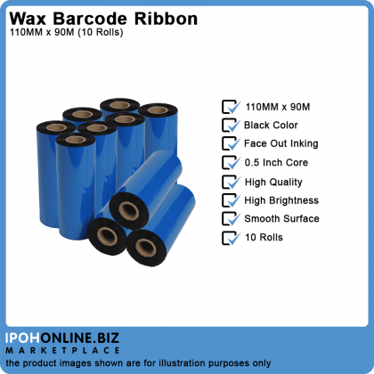 10 Rolls 110mm x 90m Wax Barcode Ribbon For Barcode Printer (FACE OUT) 10 Rolls 110mm x 90m Wax Barcode Ribbon For Barcode Printer (FACE OUT)