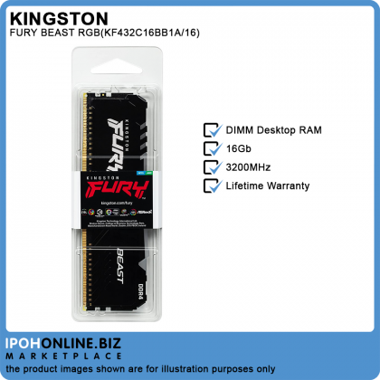 Kingston FURY Beast 16GB DDR4 3200 RGB Gaming Desktop RAM AMD Intel XMP Certified - KF432C16BB1A/16