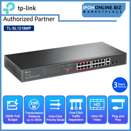 Tp-Link TL-SL1218MP 16 Port 10/100Mbps + 2 Port Gigabit Rackmount Switch with 16 Port PoE+ with Transmission for Surveillance up to 250m