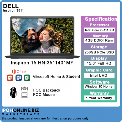 Dell Inspiron 15 3511 HN13511401MY 11th Generation Intel Core i3-1115G4 (4GB/256GB M.2 SSD/ Win 10/15.6"FHD) - FOC Mircosoft Home & Student,Backpack & Mouse 