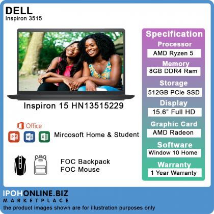 Dell Inspiron 15 3515-HN13515229BMY AMD Ryzen 5 (3500U/8GB/512GB M.2 SSD/Win 10/15.6"FHD) - FOC Mircosoft Home & Student,Backpack & Mouse 