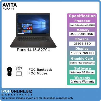 Avita Pura 14 Laptop (I5-8279U 256GB SSD 8GB 14" FHD W10 Home) - FOC Mouse + Backpack