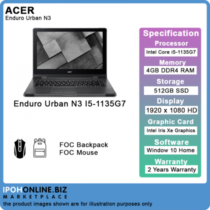 Acer Enduro Urban N3 Intel Core i5-1135G7 4GB RAM 512GB SSD 14 inch IPS FHD W10 Notebook - FOC Mouse + Backpack Acer Enduro Urban N3 Intel Core i5-1135G7 4GB RAM 512GB SSD 14 inch IPS FHD W10 Notebook - FOC Mouse + Backpack