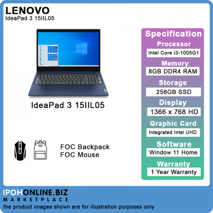 Lenovo IdeaPad 3 15IIL05 (Intel i3-1005G1/8GB/256GB SSD/W11 Home/15.6" HD/Touch Screen) Laptop - FOC Mouse + Backpack