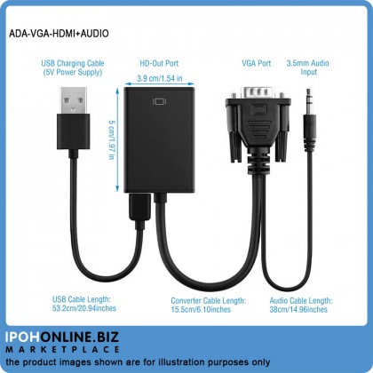 VGA Male To HDMI Output 1080P HD+ Audio TV AV HDTV Video Cable Converter Adapter