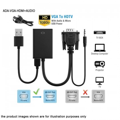 VGA Male To HDMI Output 1080P HD+ Audio TV AV HDTV Video Cable Converter Adapter