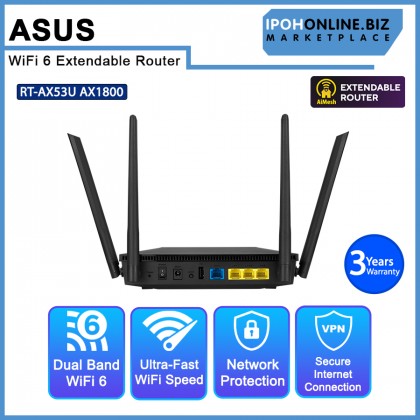 ASUS RT-AX53U AX1800 Dual Band WiFi 6 Extendable Router, Subscription Free Network Security, Built-in VPN, Parental Control, Gaming, AiMesh