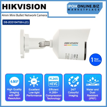 Hikvision DS-2CD1047G0-L(C) 4MP 4mm 24/7 Colorful IP67 ColorVu Fixed Mini Bullet Network Camera