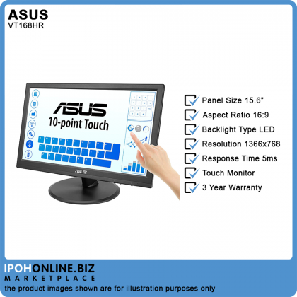 Asus VT168HR 15.6" FHD Touch Monitor With 10-Point Touch HDMI VGA Eye Care Wall Mountable Low Blue Light
