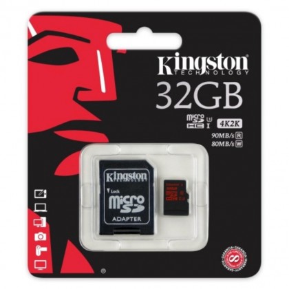 Kingston 32GB microSDHC UHS-I Speed Class 3 U3 4K2K (R90mb/s - W80mb/s) Flash Memory Card with Adapter - SDCA3/32GB