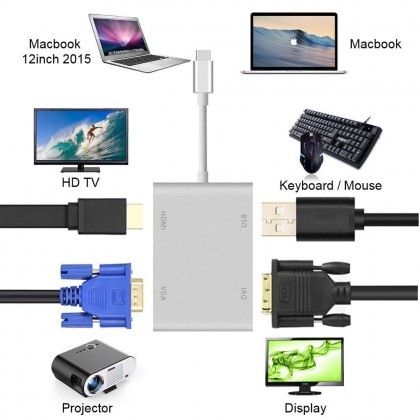 USB-Type C To VGA DVI HDMI & USB Adapter 4 IN 1