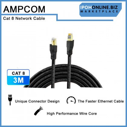 AMPCOM CAT8 Ethernet Cable 3M STP Slim Type - 2.5/5/10Gbps High Speed Network for Gaming Server Workstation Host