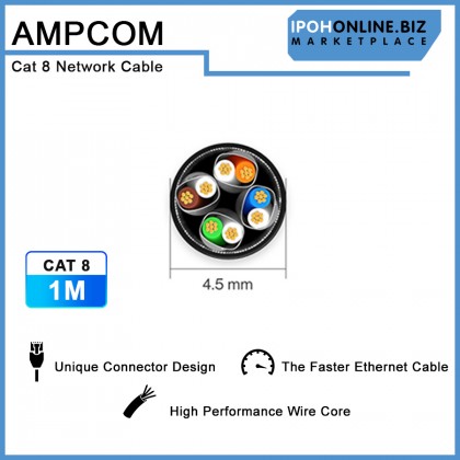 AMPCOM CAT8 Ethernet Cable 1M STP Slim Type - 2.5/5/10Gbps High Speed Network for Gaming Server Workstation Host