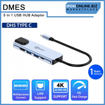 DMES DH5 5 In 1 USB Type C to HDMI 4K + USB 3.0 + PD + LAN Hub Adapter