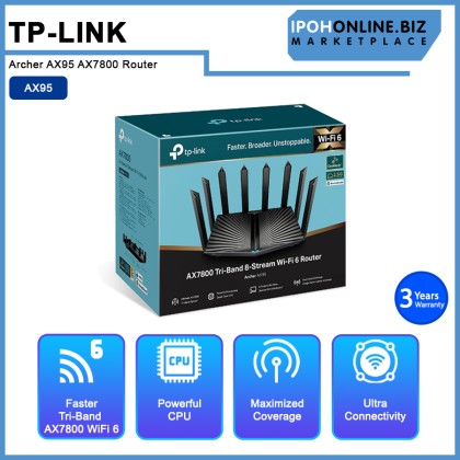 TP-Link Archer AX95 AX7800 Tri-Band 8-Stream AX Mesh (Onemesh) Wireless WiFi 6 Router, Support MU-MImo
