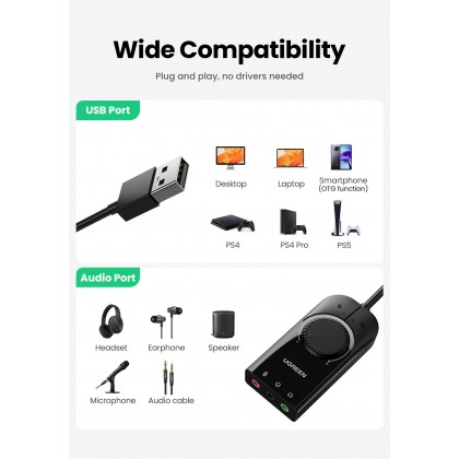 UGREEN 40964 USB External Stereo Sound Adapter 15CM (Black) UGREEN 40964 USB External Stereo Sound Adapter 15CM (Black)