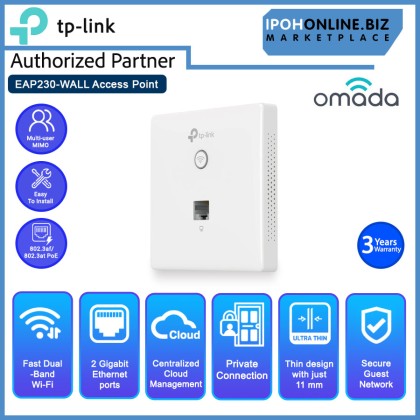 TP-LINK EAP230-Wall Omada AC1200 Wireless MU-MIMO + Dual-Band Gigabit Wall-Plate Access Point with 802.3af 802.3at PoE Compatibility