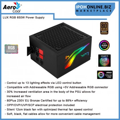 AEROCOOL LUX RGB 650W POWER SUPPLY UNIT 80 Plus 230V Bronze Certified PSU