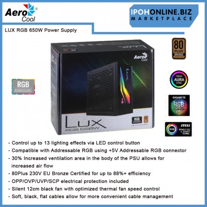 AEROCOOL LUX RGB 650W POWER SUPPLY UNIT 80 Plus 230V Bronze Certified PSU