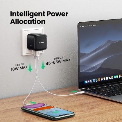 UGREEN 2-Port USB-C GaNX 65W PD Fast Charger UK Plug - Black/White UGREEN 2-Port USB-C GaNX 65W PD Fast Charger UK Plug - Black/White