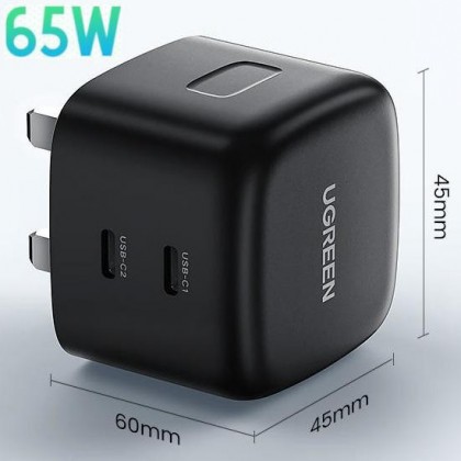 UGREEN 2-Port USB-C GaNX 65W PD Fast Charger UK Plug - Black/White UGREEN 2-Port USB-C GaNX 65W PD Fast Charger UK Plug - Black/White