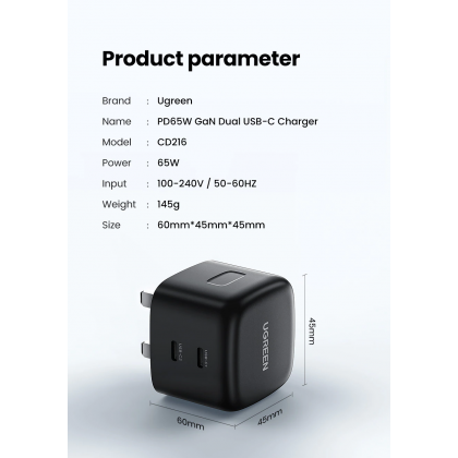 UGREEN 2-Port USB-C GaNX 65W PD Fast Charger UK Plug - Black/White UGREEN 2-Port USB-C GaNX 65W PD Fast Charger UK Plug - Black/White