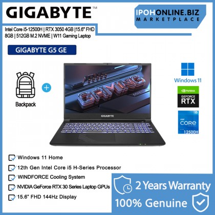 GIGABYTE G5 GE-51MY263SH 15.6" FHD 144Hz Gaming Laptop (i5-12500H, 8GB RAM, NVME 512GB SSD, RTX3050 4GB, W11) + Backpack