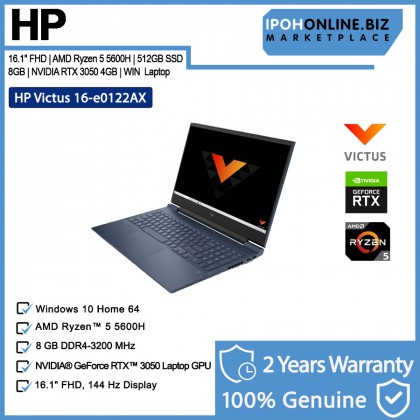 HP Victus Gaming Laptop 16-E0122AX 16.1" AMD Ryzen 5-5600H Performance Blue 4D8L3PA#UUF 512GB nvmE SSD, 8GB, NVIDIA RTX 3050 4GB, W11 Notebook + PAV Gaming Backpack