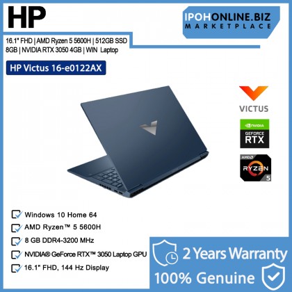 HP Victus Gaming Laptop 16-E0122AX 16.1" AMD Ryzen 5-5600H Performance Blue 4D8L3PA#UUF 512GB nvmE SSD, 8GB, NVIDIA RTX 3050 4GB, W11 Notebook + PAV Gaming Backpack