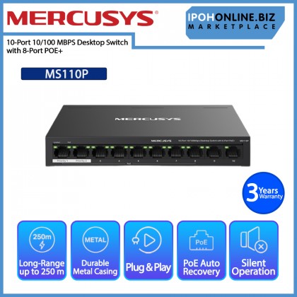 MERCUSYS MS110P 10 Port 10/100Mbps Desktop Switch with 8 Port PoE+ MERCUSYS MS110P 10 Port 10/100Mbps Desktop Switch with 8 Port PoE+