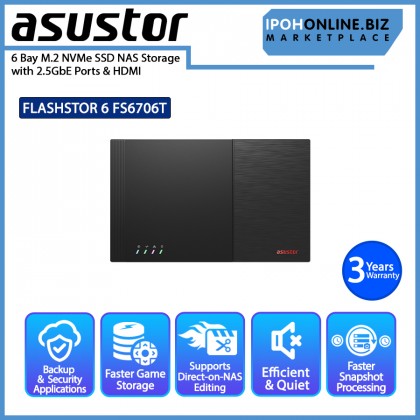 Asustor FLASHSTOR 6 FS6706T 6 Bay M.2 NVMe SSD NAS Storage with 2.5GbE Ports & HDMI