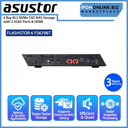 Asustor FLASHSTOR 6 FS6706T 6 Bay M.2 NVMe SSD NAS Storage with 2.5GbE Ports & HDMI