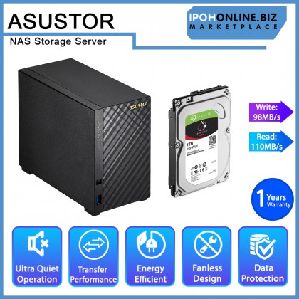 Asustor AS1002T V2 Dual Core 2 Bay Personal Cloud NAS Storage Server + SEAGATE IRONWOLF 1TB HDD