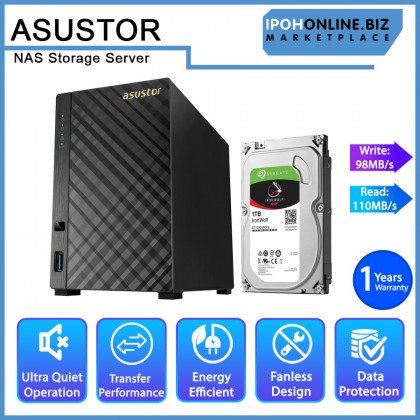 Asustor AS1002T V2 Dual Core 2 Bay Personal Cloud NAS Storage Server + SEAGATE IRONWOLF 1TB HDD
