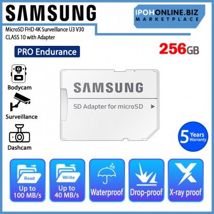 SAMSUNG PRO Endurance microSD 256GB FHD 4K Surveillance U3 V30 CLASS 10 SAMSUNG PRO Endurance microSD 256GB FHD 4K Surveillance U3 V30 CLASS 10