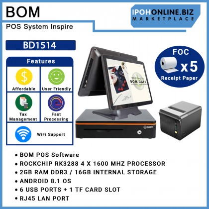 BOM POS System Inspire BD1514 (Customer Display) Package Bundle With BOM BTP80A 80mm Thermal Printer + BOM BCS4045R Cash Drawer RJ11 (405x420x100mm) FOC 5 Roll Receipt Paper