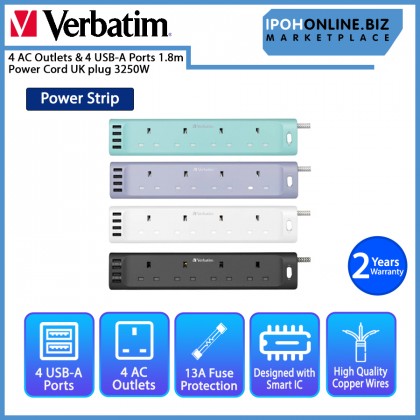 Verbatim 4 AC Outlets & 4 USB A Ports Power Strip 1.8m Power Cord UK plug 3250W