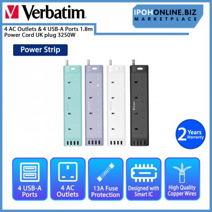 Verbatim 4 AC Outlets & 4 USB A Ports Power Strip 1.8m Power Cord UK plug 3250W