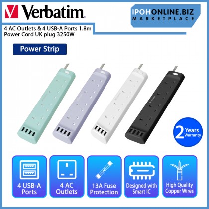 Verbatim 4 AC Outlets & 4 USB A Ports Power Strip 1.8m Power Cord UK plug 3250W