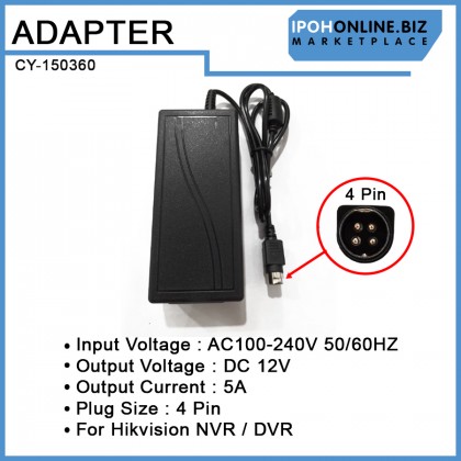 AC/DC 100V-240V Adapter 12V 5A 4 Pin For Hikvision NVR & DVR Power Adapter
