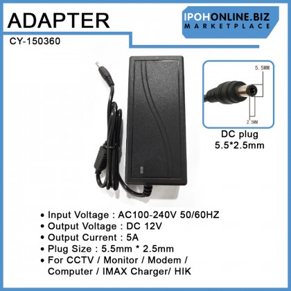 AC/DC 100V-240V Adapter 12V 5A 5.5mm*2.5mm For CCTV / Monitor / Modem / Computer / IMAX Charger/ HIK