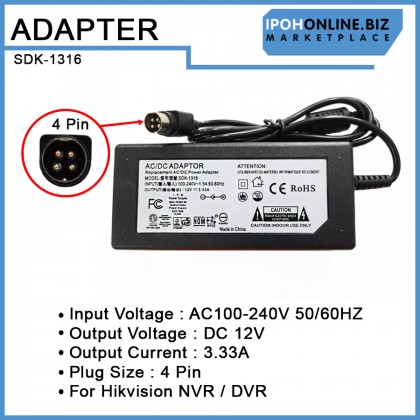 AC/DC 100V-240V Adapter 12V 3.33A 4 Pin For Hikvision NVR & DVR Power Adapter