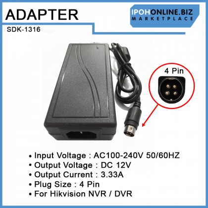 AC/DC 100V-240V Adapter 12V 3.33A 4 Pin For Hikvision NVR & DVR Power Adapter