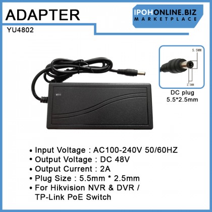 AC/DC 100V-240V Adapter 48V 2A 5.5mm*2.5mm For Hikvision NVR & DVR Power Adapter & TP-Link PoE Switch AC/DC 100V-240V Adapter 48V 2A 5.5mm*2.5mm For Hikvision NVR & DVR Power Adapter & TP-Link PoE Switch