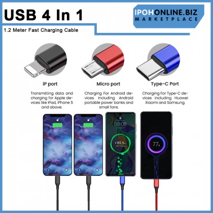 4 IN 1 USB Fast Charging Cable Double IOS 1 Type C 1 Micro UBS Port 1.2 Meter For iPhone Huawei Samsung Xiaomi